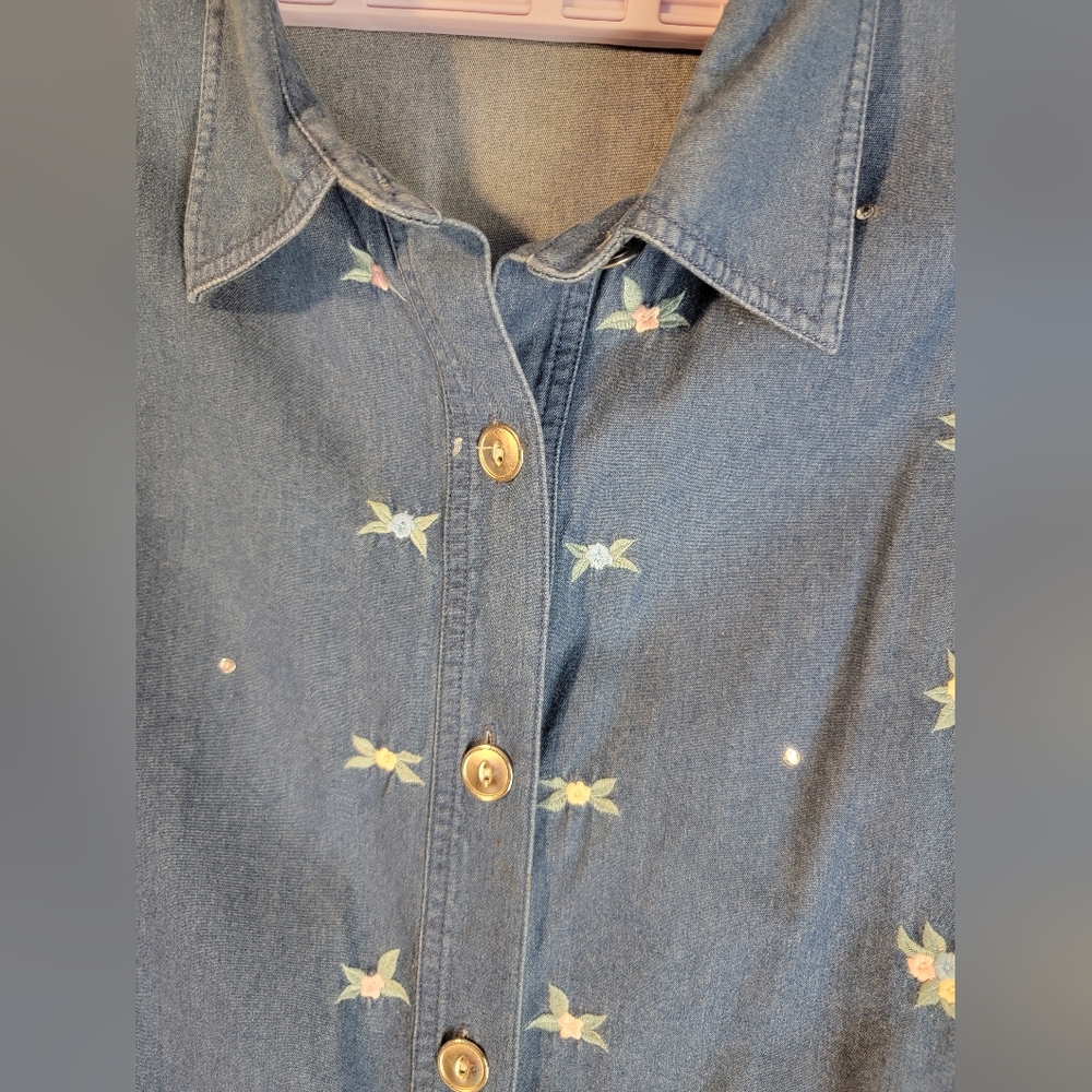 Embroidered Denim Button-Up Shirt Jacket With Subtle Rhinestones - Picture 7 of 16